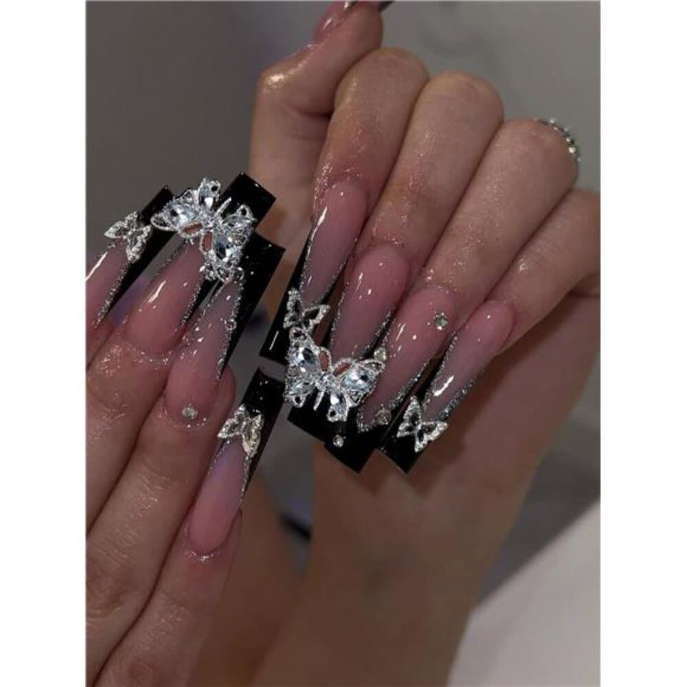 24pcs Y2K Style Pink Rectangle Press-On Nails, Black French Tip, Butterfly & - Thumbnail 6