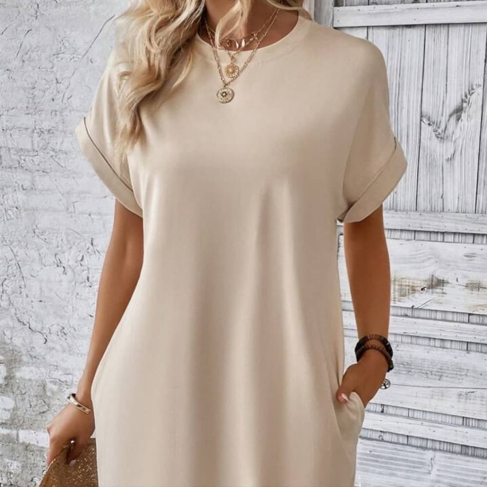 Solid Batwing Sleeve Hidden Pocket Tee Dress - Thumbnail 6