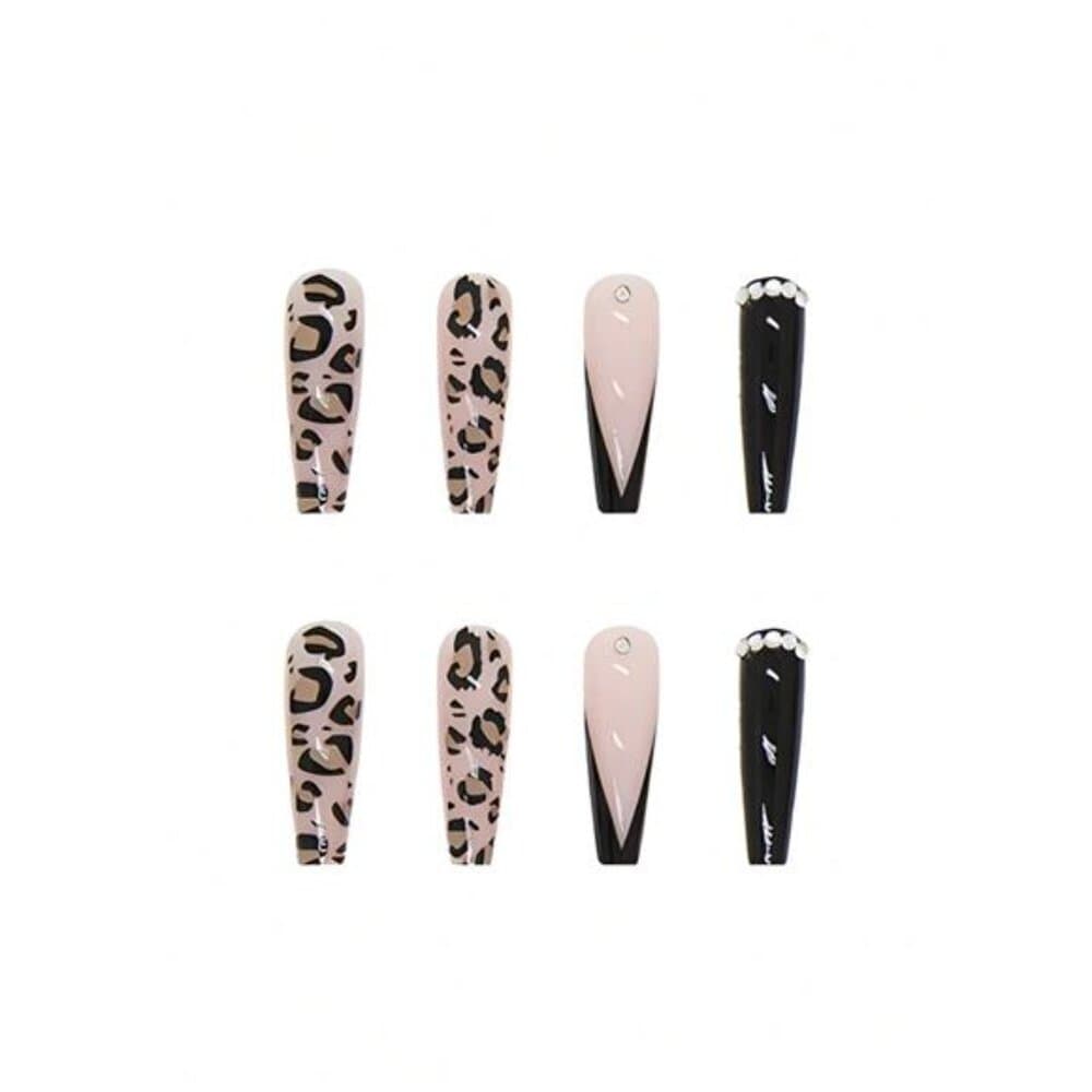 24Pcs French Long Ballet Design Rhinestone Studded Leopard Print False Nails, - Thumbnail 4