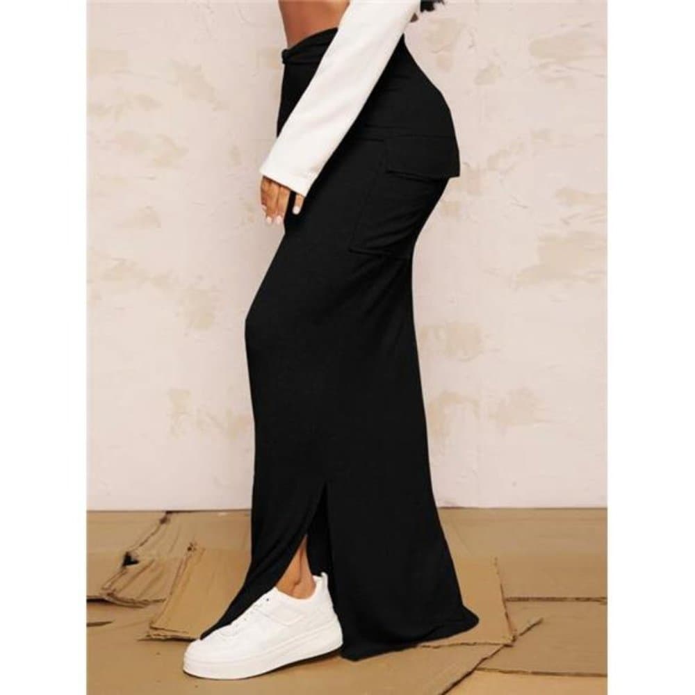 Ruched Flap Pocket Split Hem Skirt