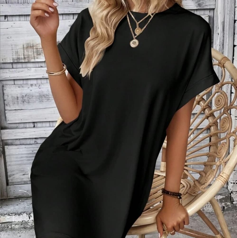 Solid Batwing Sleeve Hidden Pocket Tee Dress - Thumbnail 4