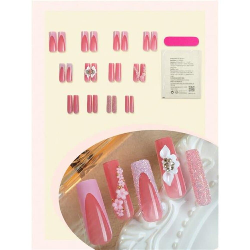 24pcs Floral & Glitter Decor Nail Strips, Tube-Shaped Fake Nails, Suitable For