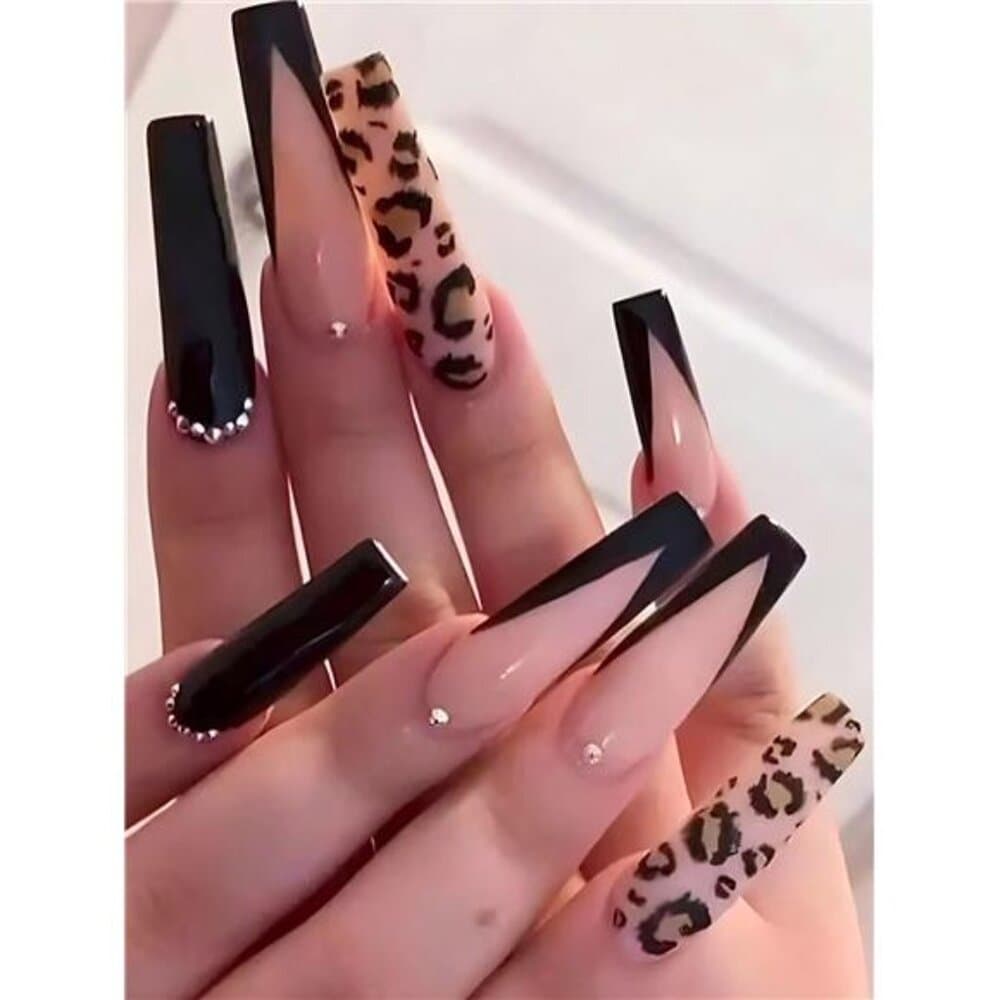 24Pcs French Long Ballet Design Rhinestone Studded Leopard Print False Nails, - Thumbnail 7