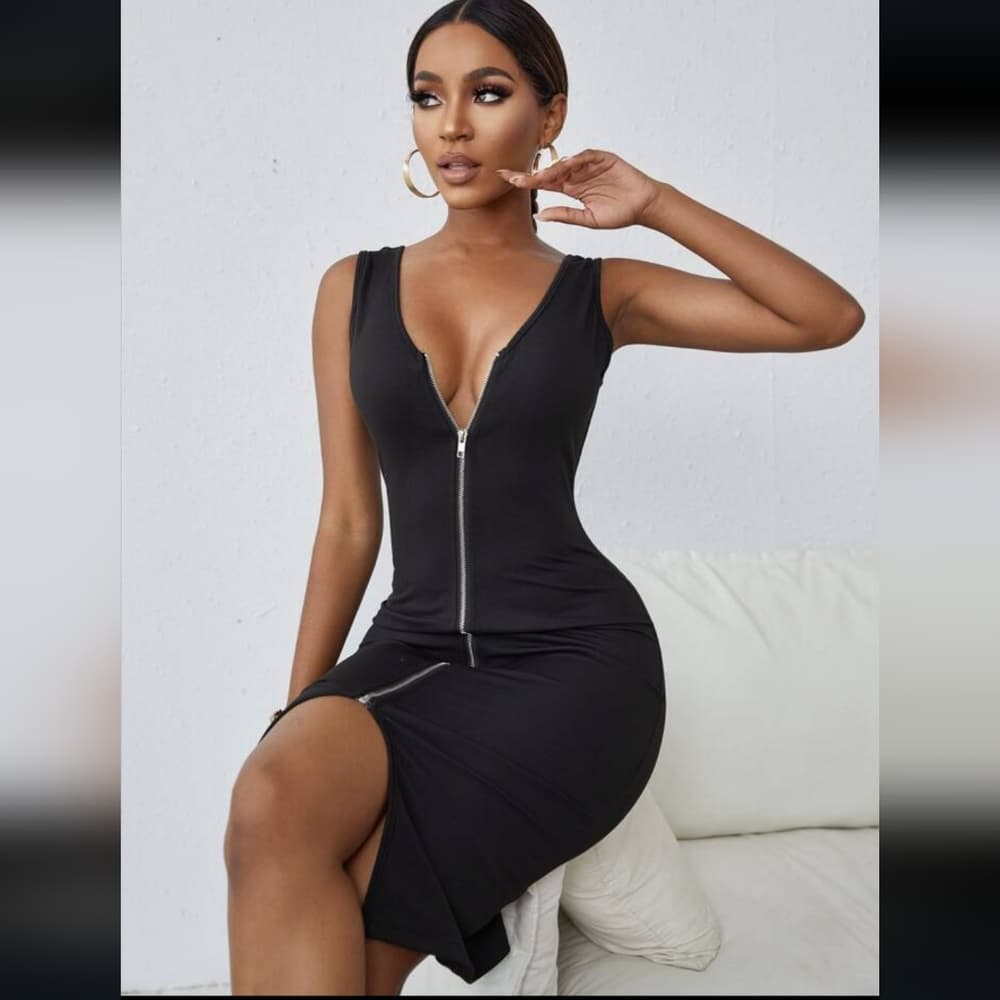 Black Solid Zipper Red Bodycon Dress - Thumbnail 3