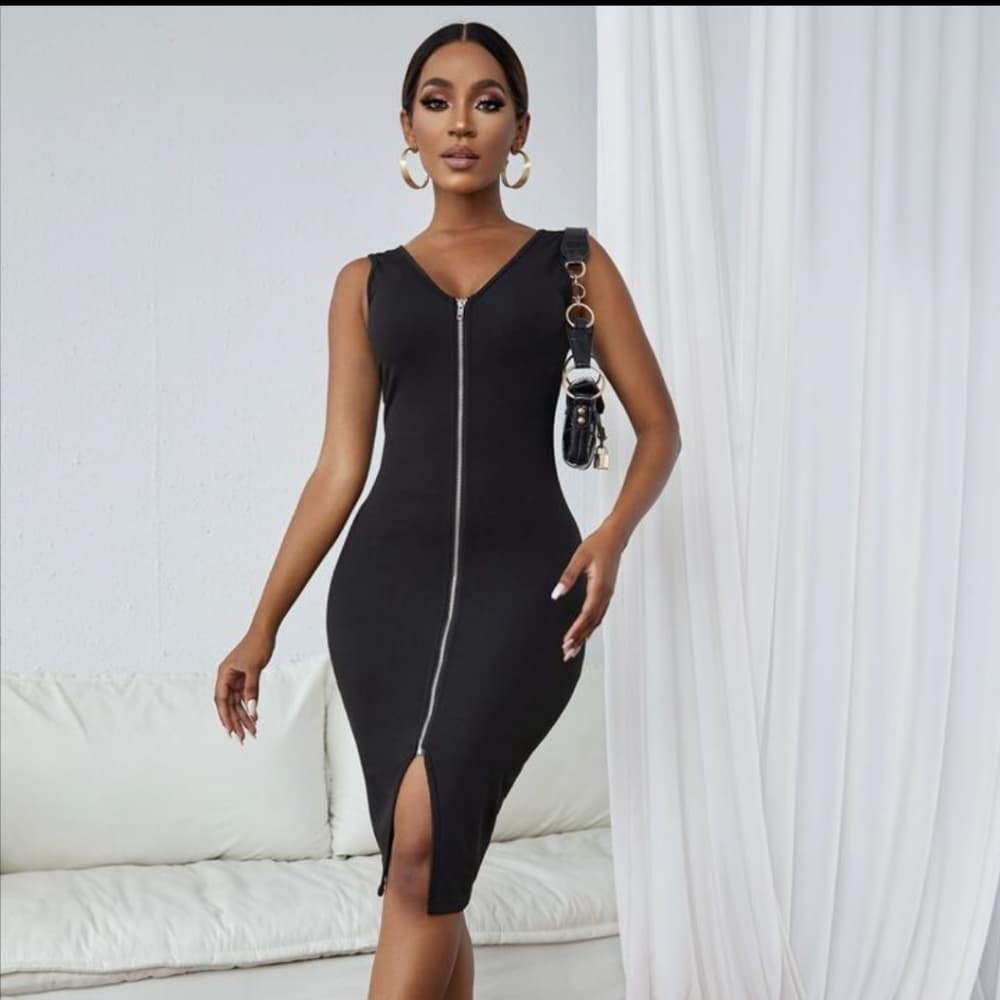Black Solid Zipper Red Bodycon Dress - Thumbnail 5