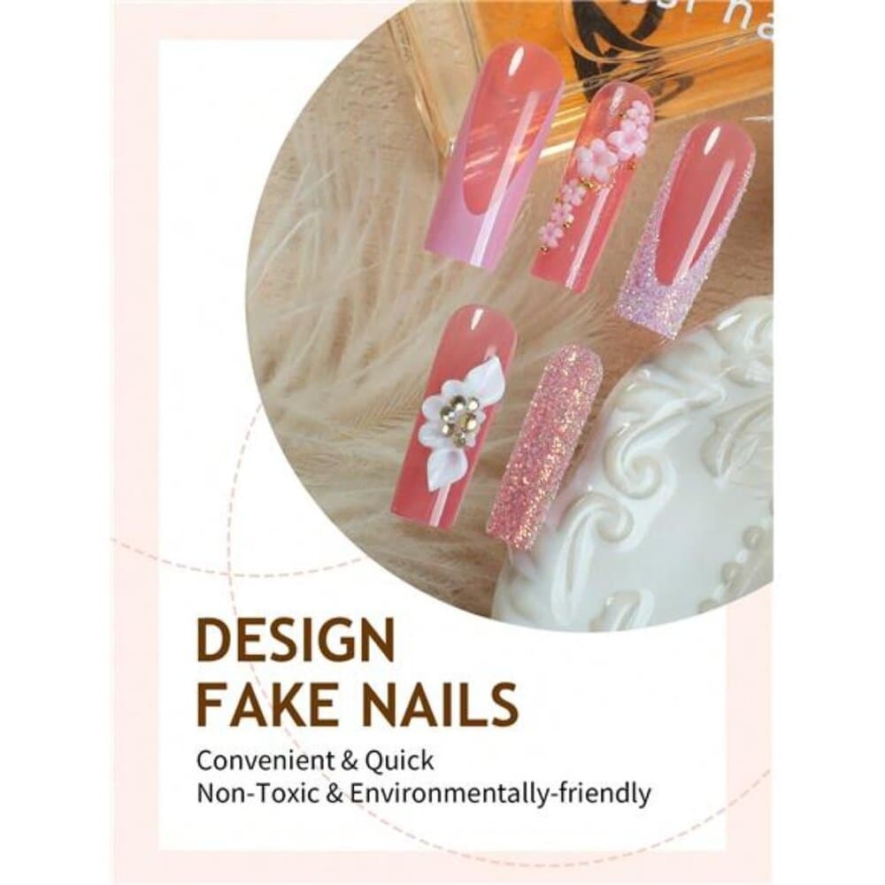 24pcs Floral & Glitter Decor Nail Strips, Tube-Shaped Fake Nails, Suitable For - Thumbnail 2