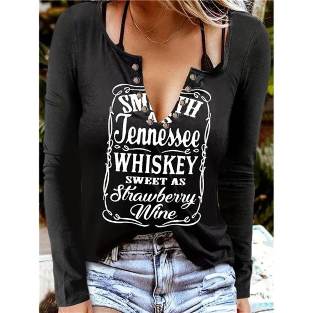 Letter Print V Neck T-Shirt, Casual Long Sleeve Top For Spring & Fall - Thumbnail 3
