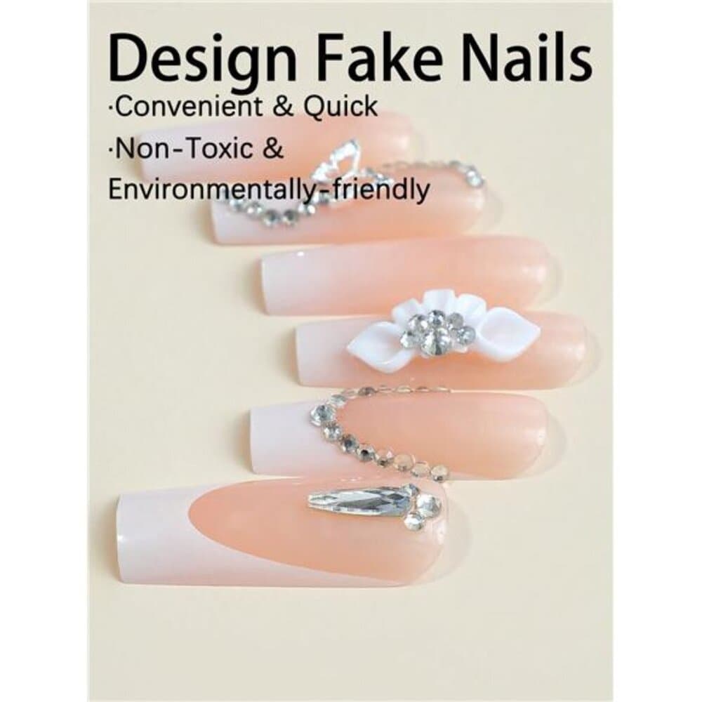 24pcs Rectangle Adhesive Nail Stickers, White French 3D Butterfly Crystal