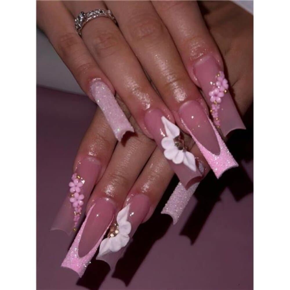 24pcs Floral & Glitter Decor Nail Strips, Tube-Shaped Fake Nails, Suitable For - Thumbnail 6