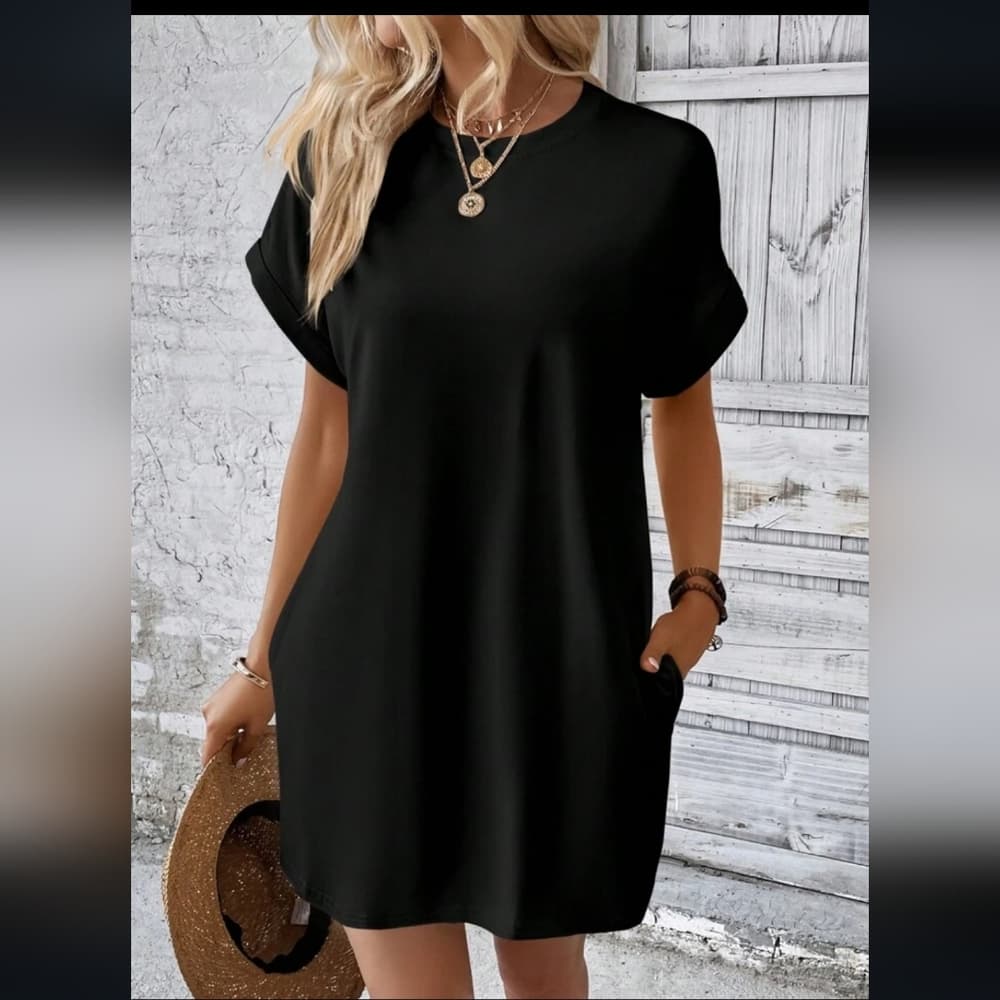 Solid Batwing Sleeve Hidden Pocket Tee Dress - Thumbnail 8
