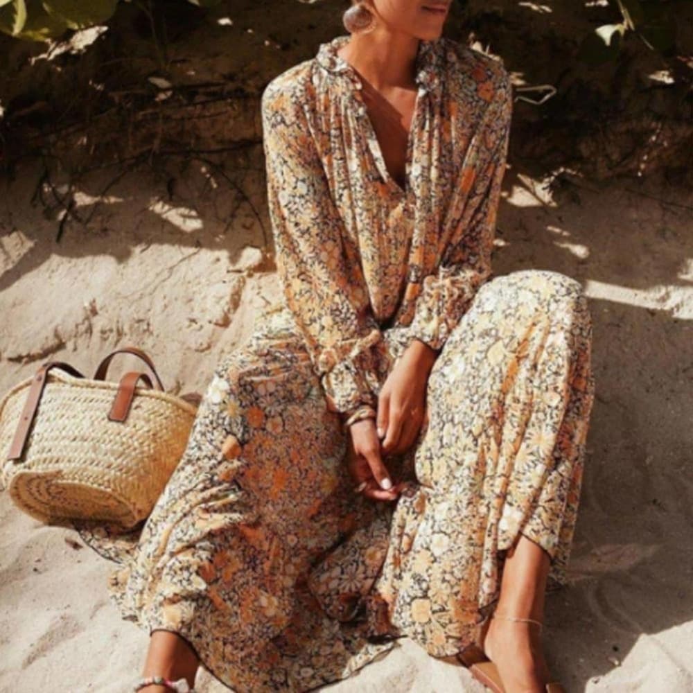 Long Sleeve Comfortable Bohemia Floral Print Ruffle Dress - Thumbnail 5
