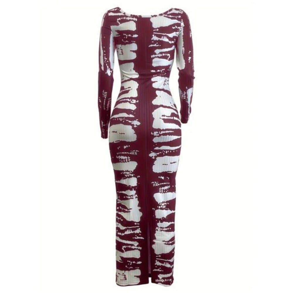 Color Block Ribbed Slim Dress, Casual Square Neck Long Sleeve Dress - Thumbnail 2
