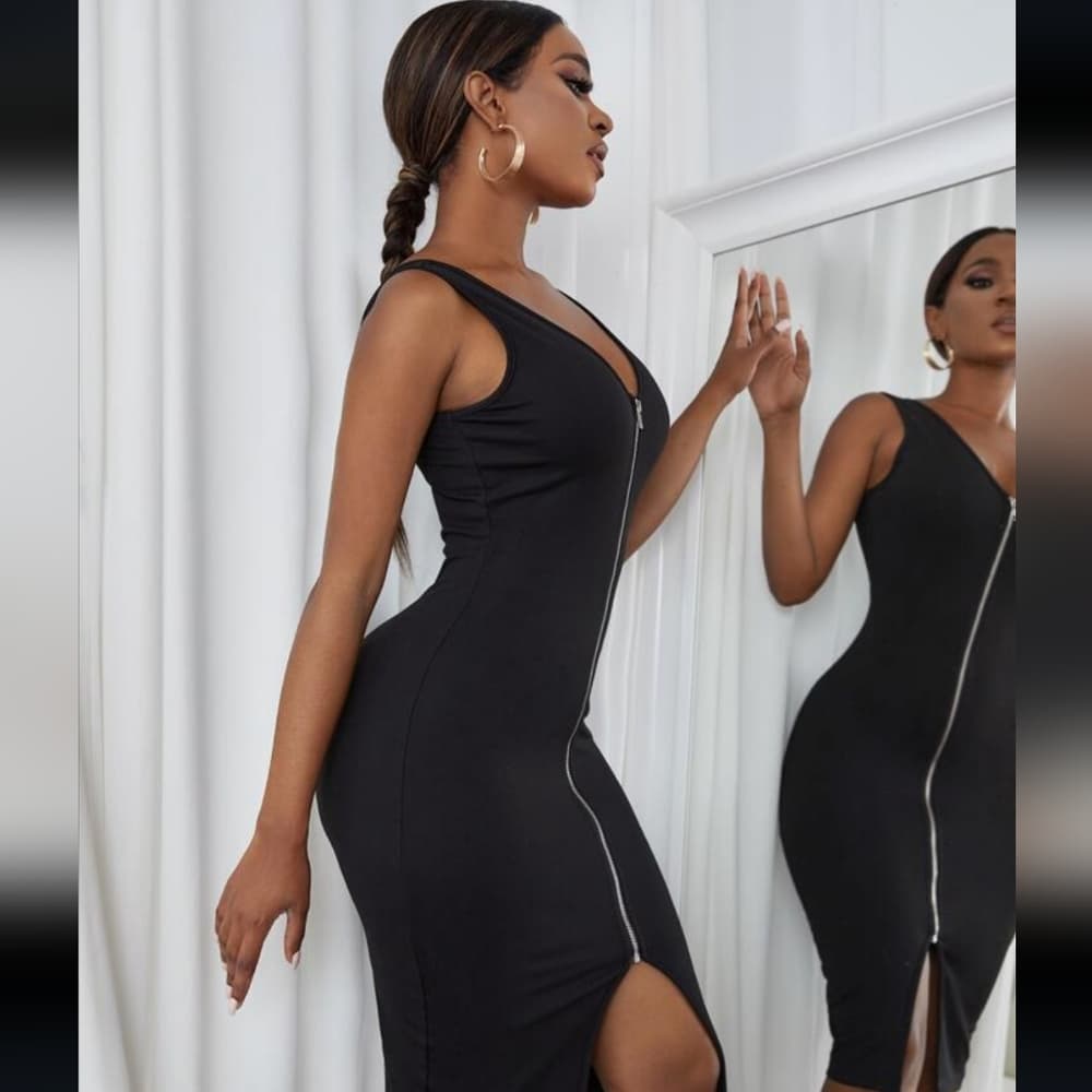 Black Solid Zipper Red Bodycon Dress - Thumbnail 8