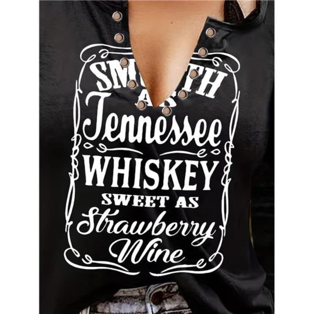 Letter Print V Neck T-Shirt, Casual Long Sleeve Top For Spring & Fall - Thumbnail 2