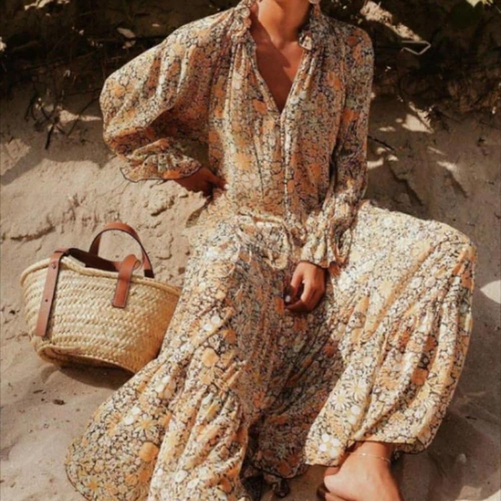 Long Sleeve Comfortable Bohemia Floral Print Ruffle Dress - Thumbnail 6