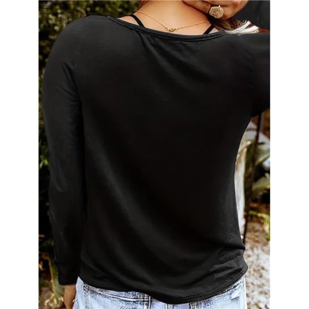 Letter Print V Neck T-Shirt, Casual Long Sleeve Top For Spring & Fall