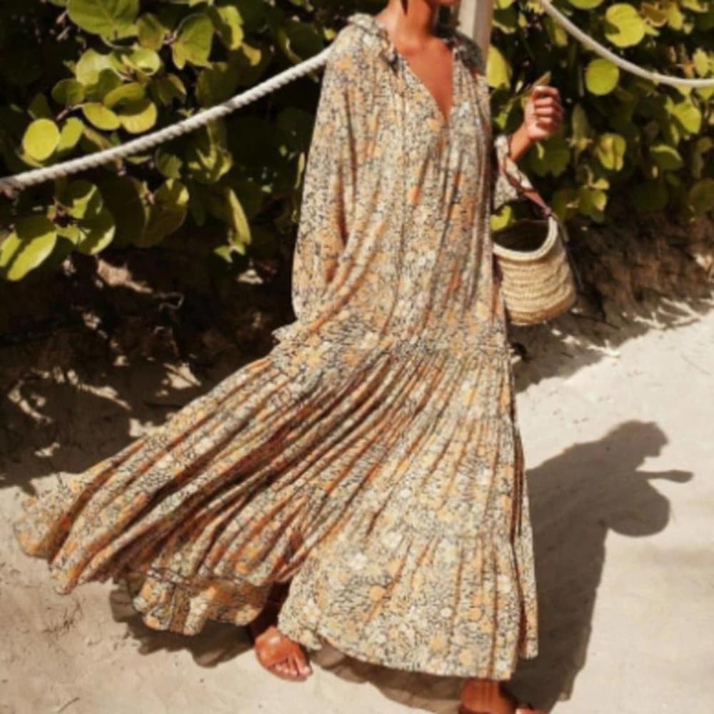Long Sleeve Comfortable Bohemia Floral Print Ruffle Dress - Thumbnail 2