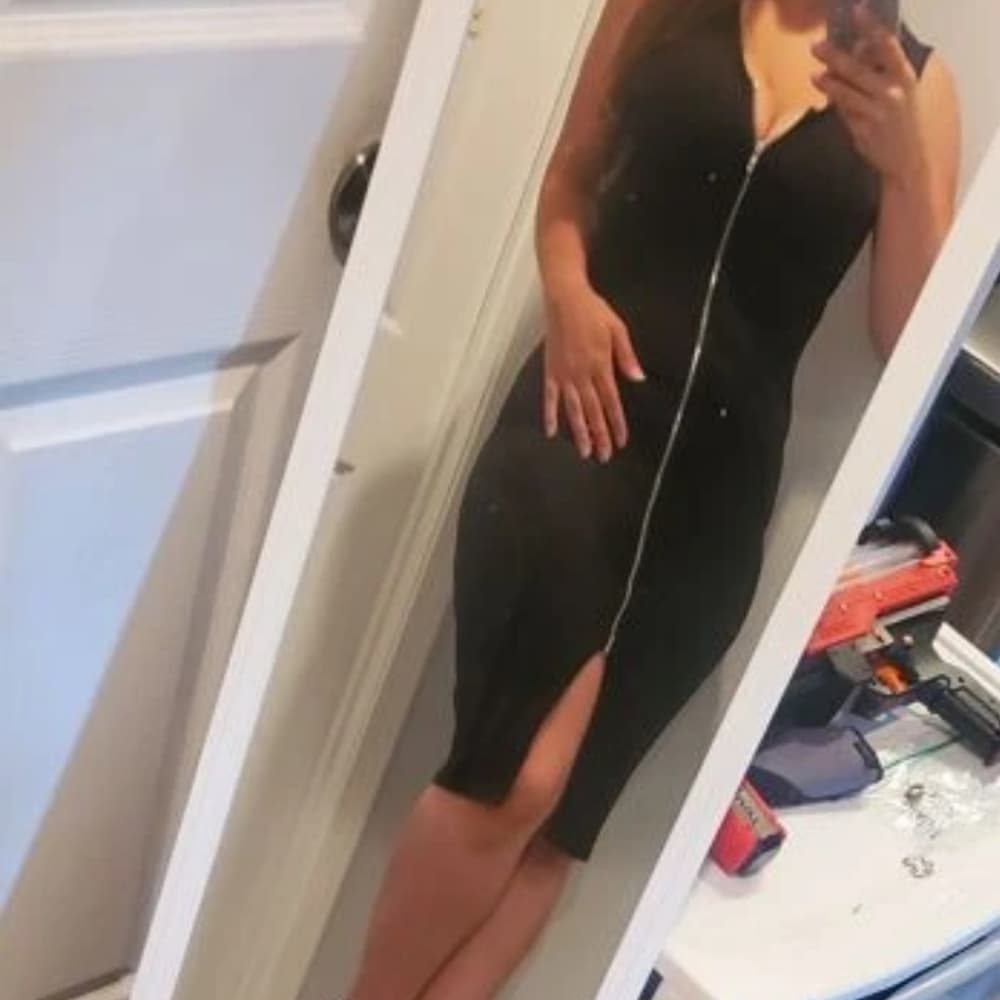 Black Solid Zipper Red Bodycon Dress - Thumbnail 6