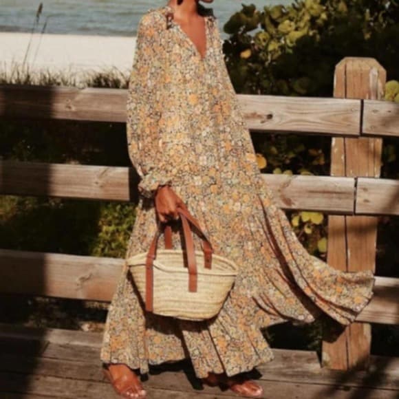 Long Sleeve Comfortable Bohemia Floral Print Ruffle Dress - Thumbnail 8