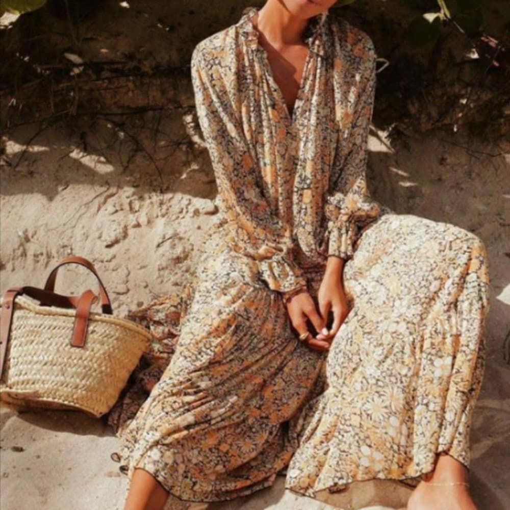 Long Sleeve Comfortable Bohemia Floral Print Ruffle Dress - Thumbnail 4