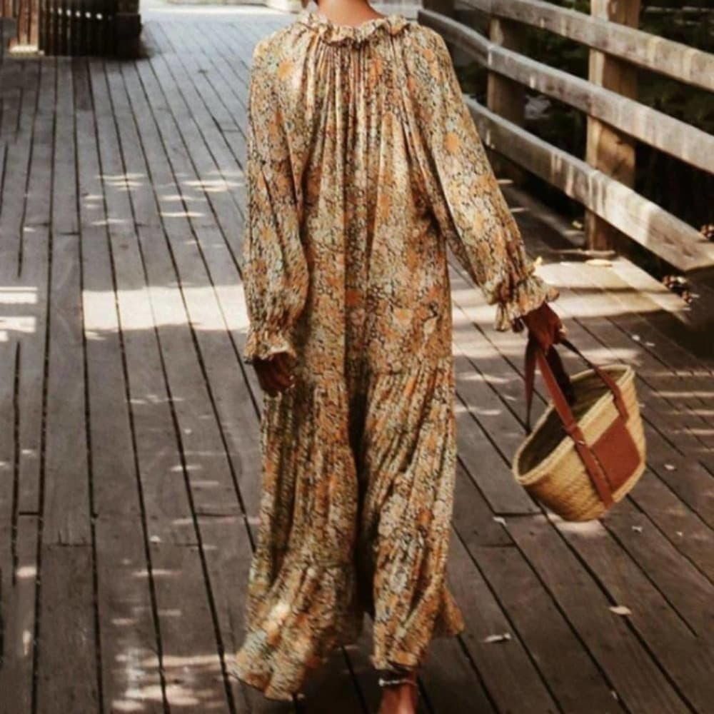 Long Sleeve Comfortable Bohemia Floral Print Ruffle Dress - Thumbnail 3