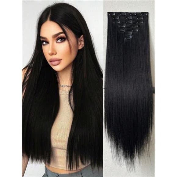 16 Clips 22 Inch 7pcs Black Straight Synthetic Hair Extensions For Women - Thumbnail 12
