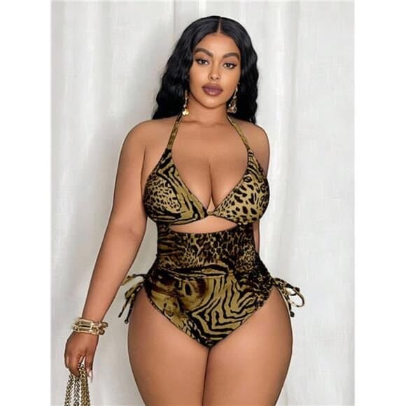 Slaydiva Plus Size Women's Random Leopard Print Triangle Top & Tie Side Bottoms - Thumbnail 5