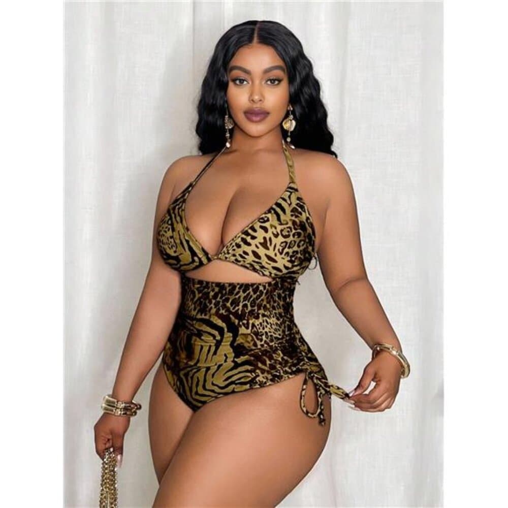 Slaydiva Plus Size Women's Random Leopard Print Triangle Top & Tie Side Bottoms - Thumbnail 2