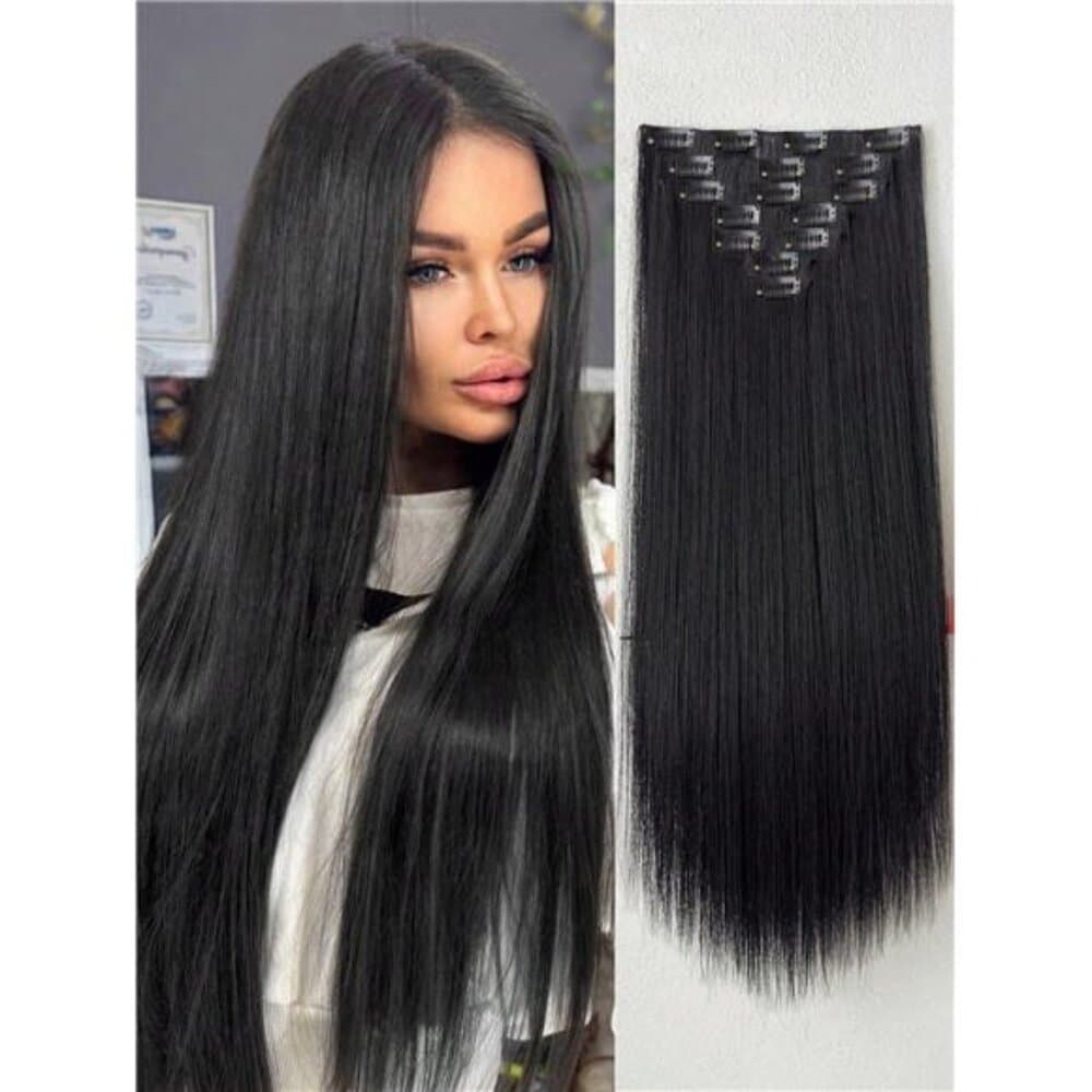 16 Clips 22 Inch 7pcs Black Straight Synthetic Hair Extensions For Women - Thumbnail 10