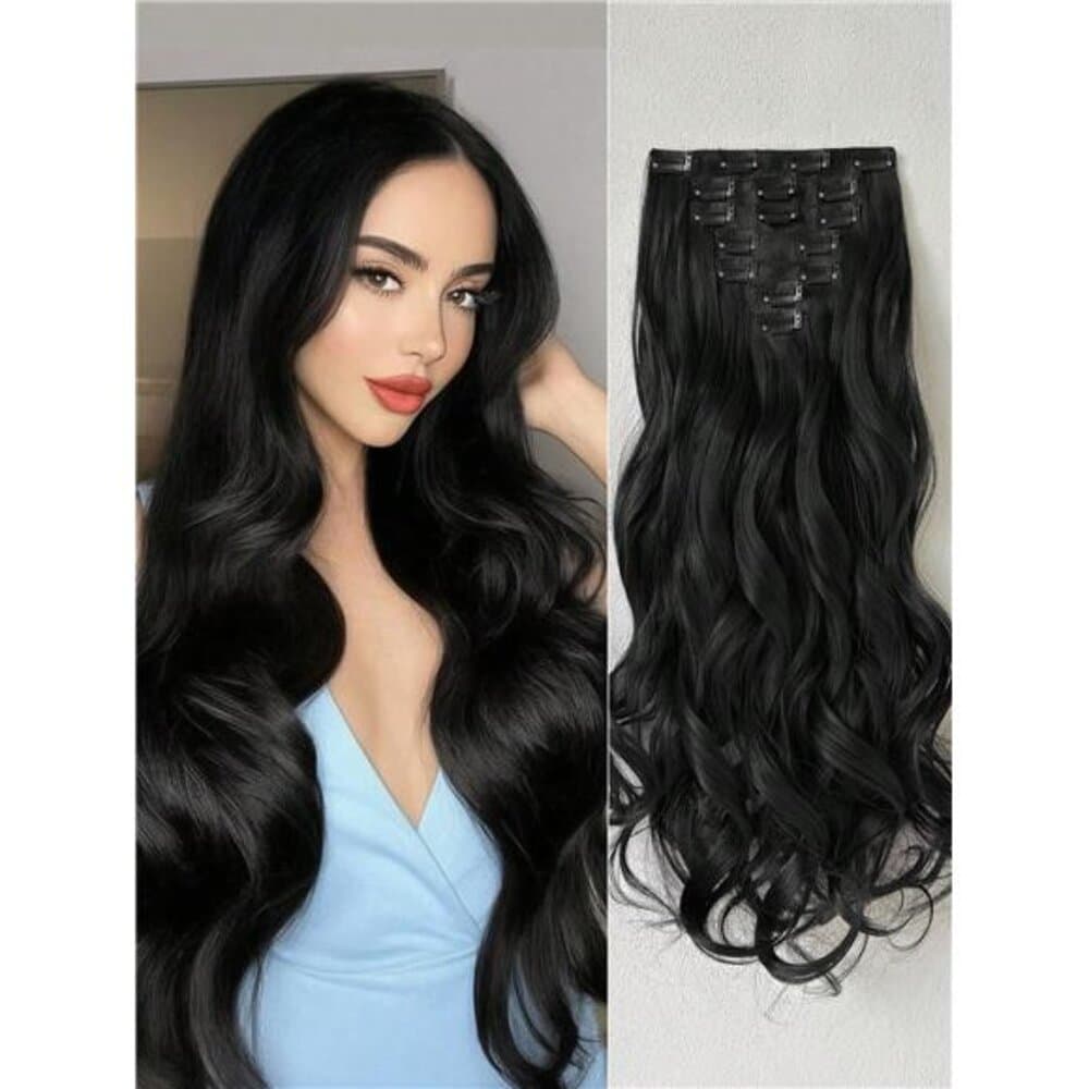 16 Clips 22 Inch 7pcs Black Long Wavy Clip-In Hair Extensions For Women, - Thumbnail 9
