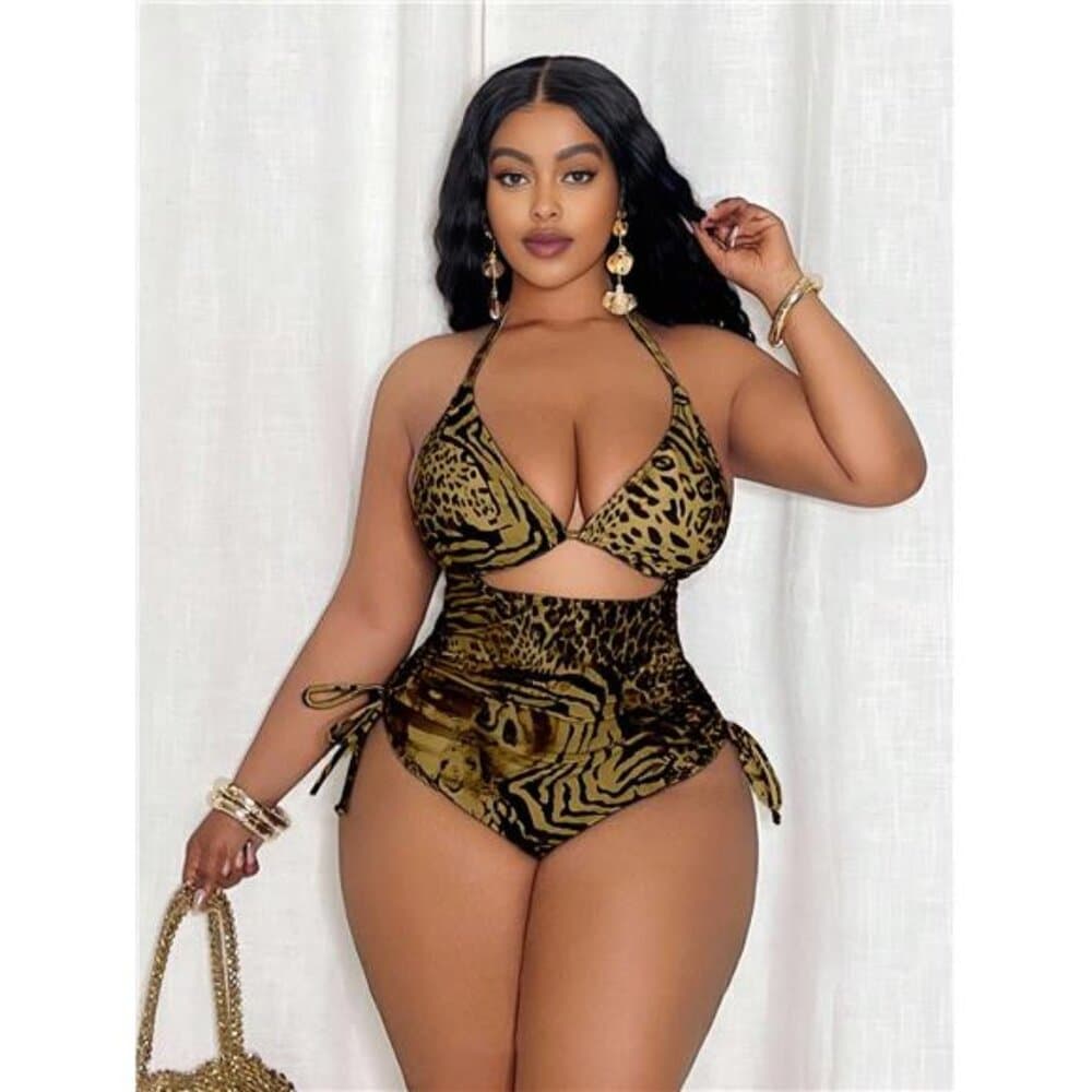 Slaydiva Plus Size Women's Random Leopard Print Triangle Top & Tie Side Bottoms - Thumbnail 3