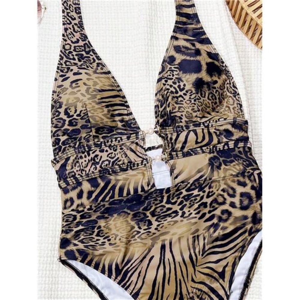 Swim Chiccia Leopard Print Plunge Neck Sexy Backless Swimsuit, Festival Boho - Thumbnail 3