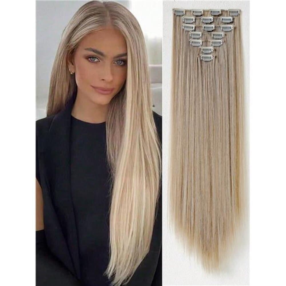 16 Clips 22 Inch 7pcs/Set Golden Straight Synthetic Hair Extensions For Women - Thumbnail 11