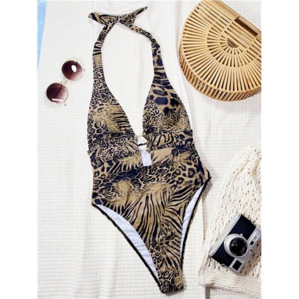 Swim Chiccia Leopard Print Plunge Neck Sexy Backless Swimsuit, Festival Boho - Thumbnail 4
