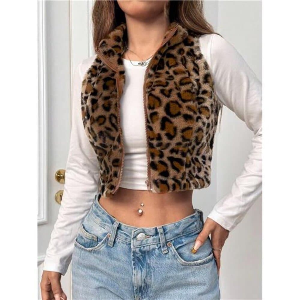 Women's Leopard Print Fleece Zip-Up Sleeveless Jacket, Autumn/Winter - Thumbnail 6