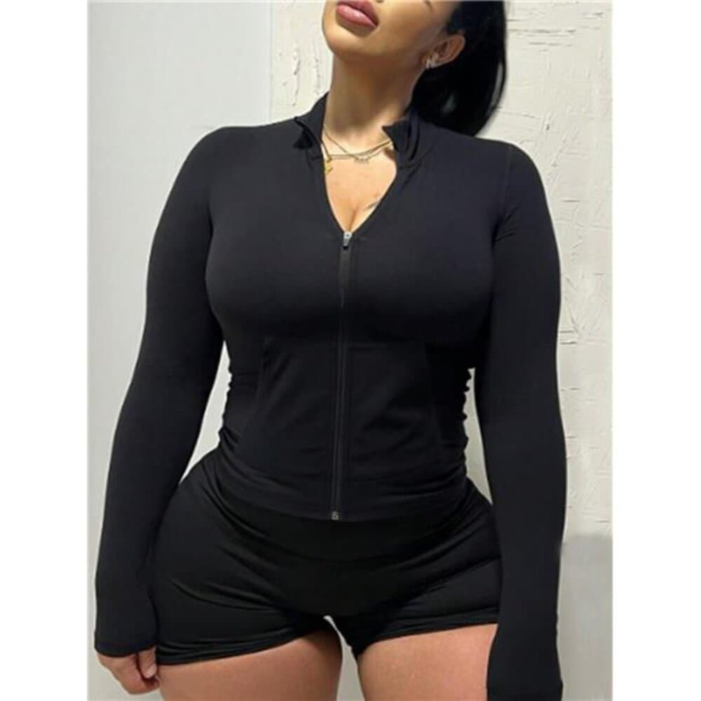 Women's Solid Color Minimalist Casual Fitted Zip-Up Jacket - Thumbnail 2