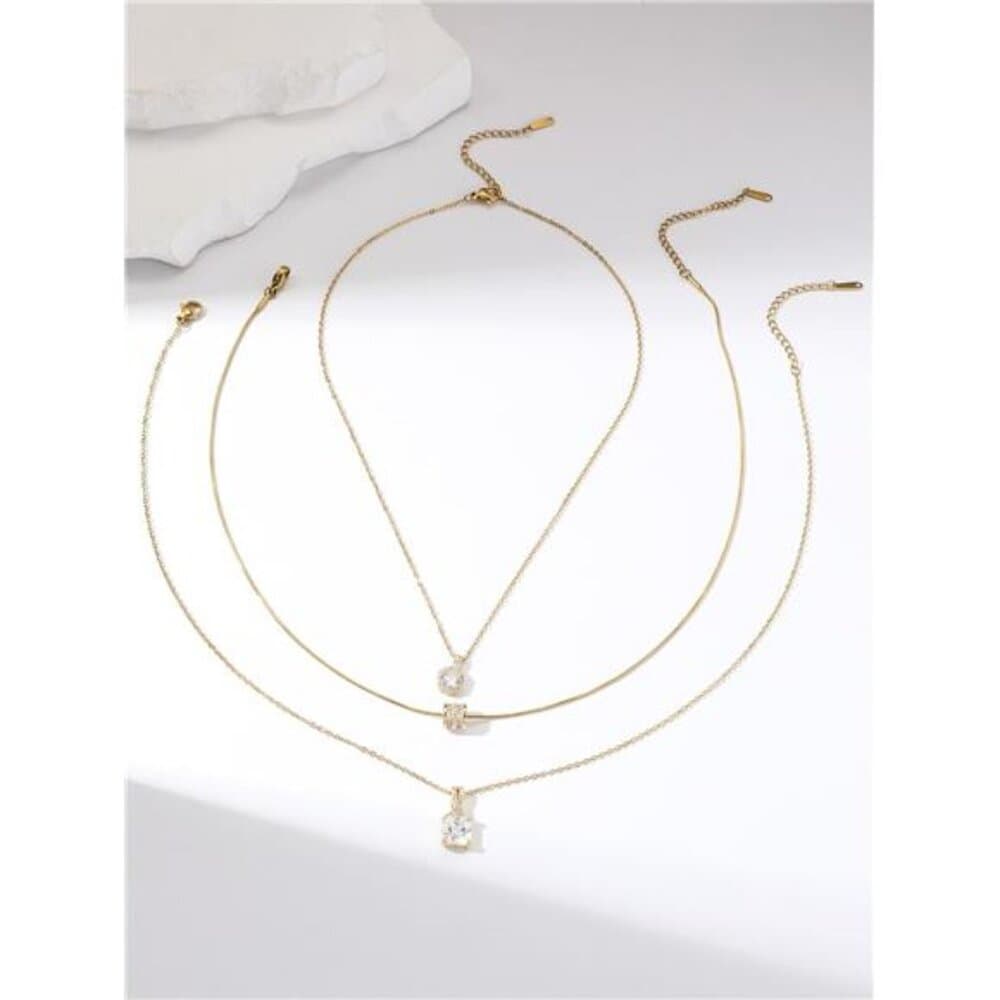 3pcs Geometric Shape Necklace Set With Inlay, Creative Pendant Design - Thumbnail 2