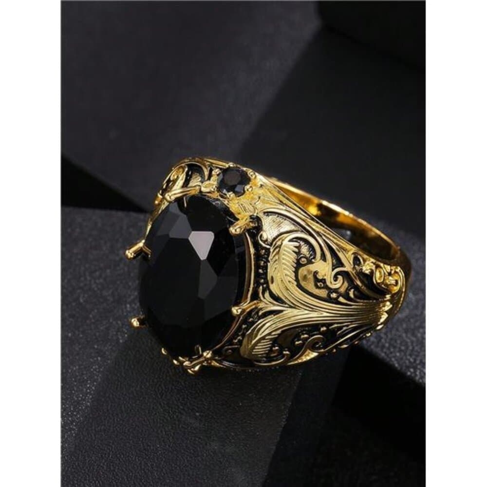 Vintage Men's Copper Ring With Black Oval Artificial Diamond Insert, - Thumbnail 2