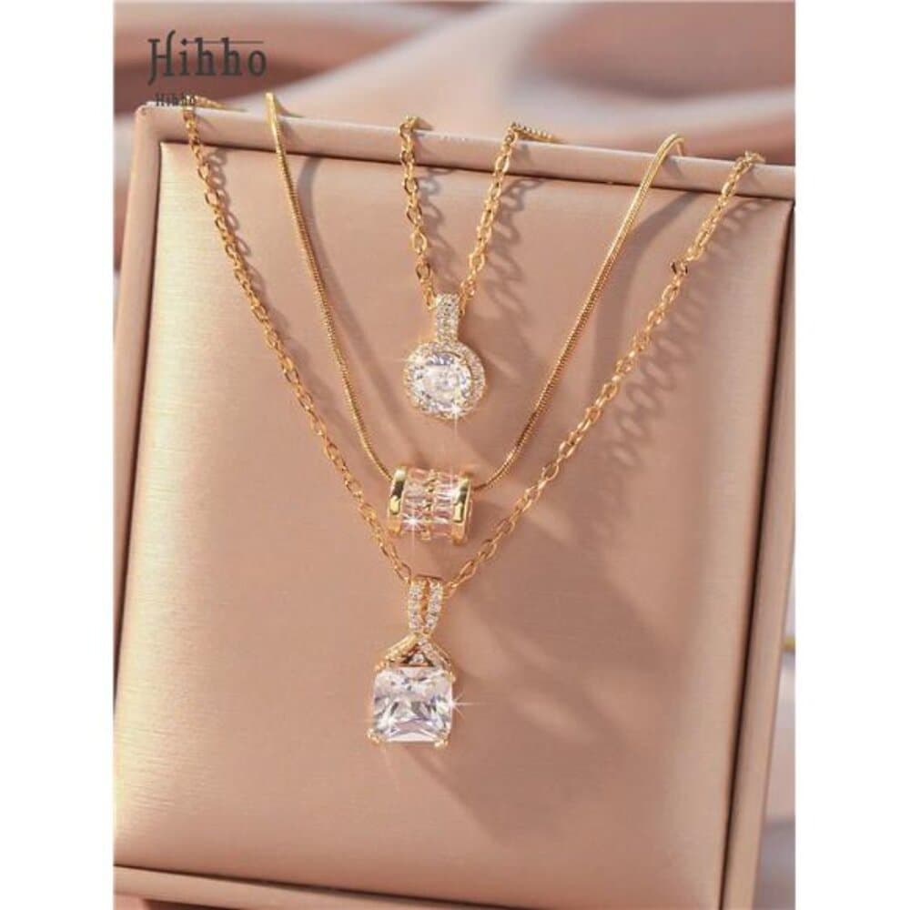 3pcs Geometric Shape Necklace Set With Inlay, Creative Pendant Design - Thumbnail 5