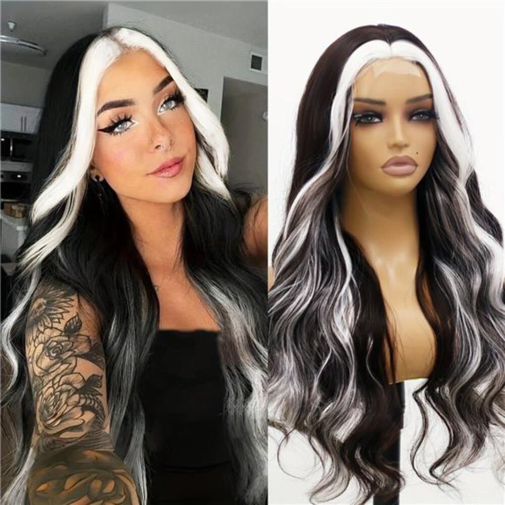 Ombre White to Black Colorful Wave Lace Front Wig with - 26 Inch Long Heat - Thumbnail 8