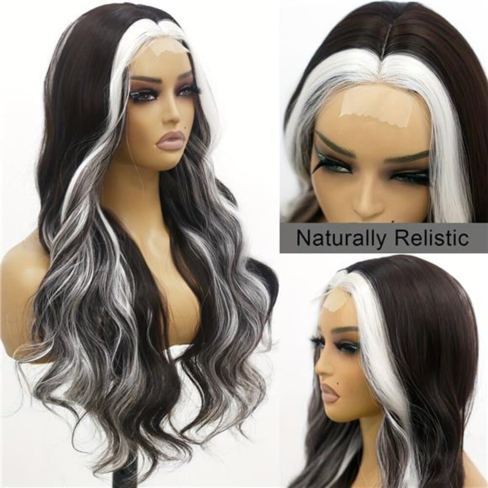 Ombre White to Black Colorful Wave Lace Front Wig with - 26 Inch Long Heat - Thumbnail 5