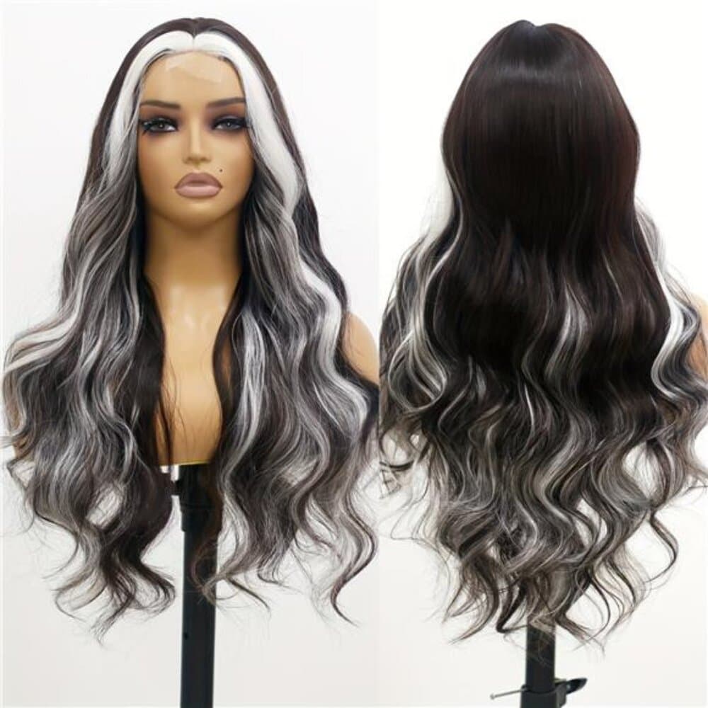 Ombre White to Black Colorful Wave Lace Front Wig with - 26 Inch Long Heat - Thumbnail 4