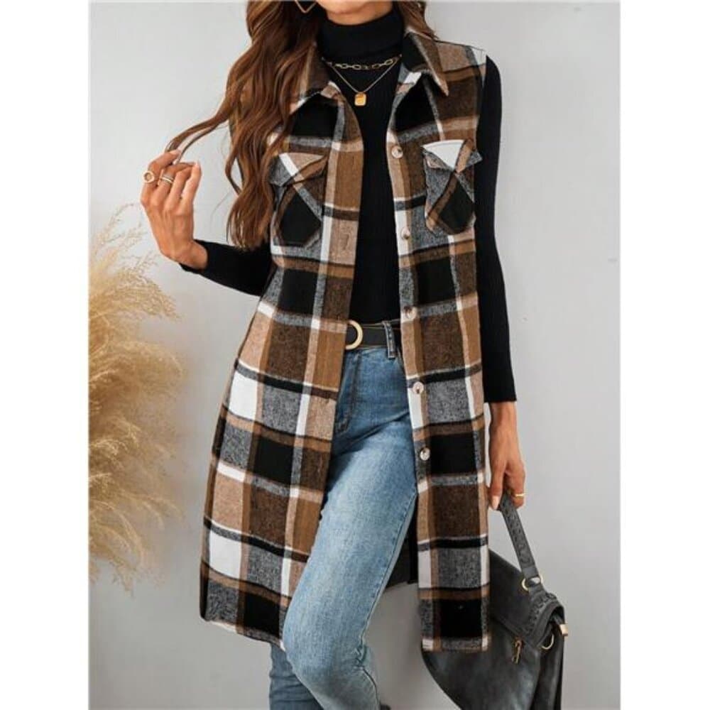 Plaid Pocket Sleeveless Casual Women Vest Jacket - Thumbnail 7