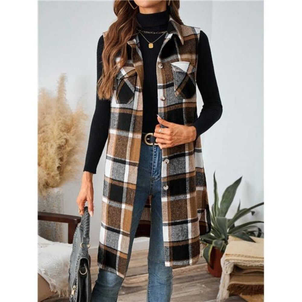 Plaid Pocket Sleeveless Casual Women Vest Jacket - Thumbnail 9
