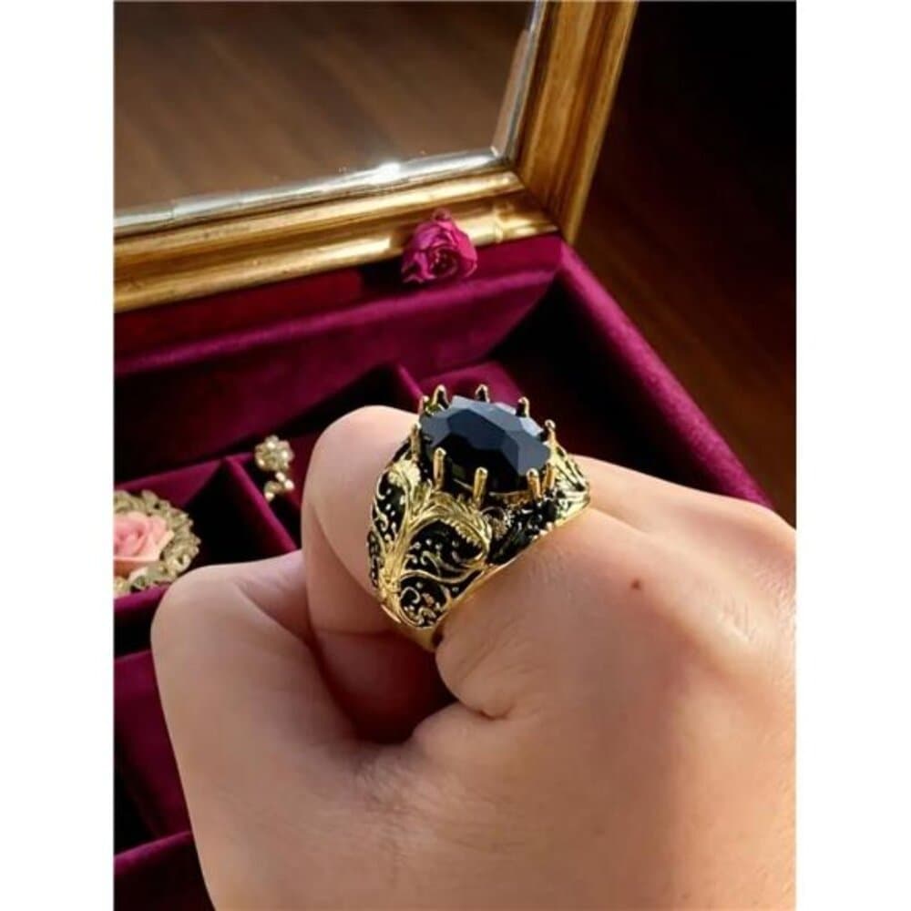 Vintage Men's Copper Ring With Black Oval Artificial Diamond Insert, - Thumbnail 4