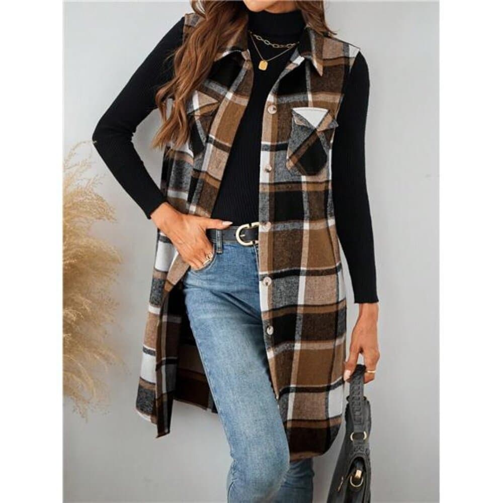 Plaid Pocket Sleeveless Casual Women Vest Jacket - Thumbnail 12