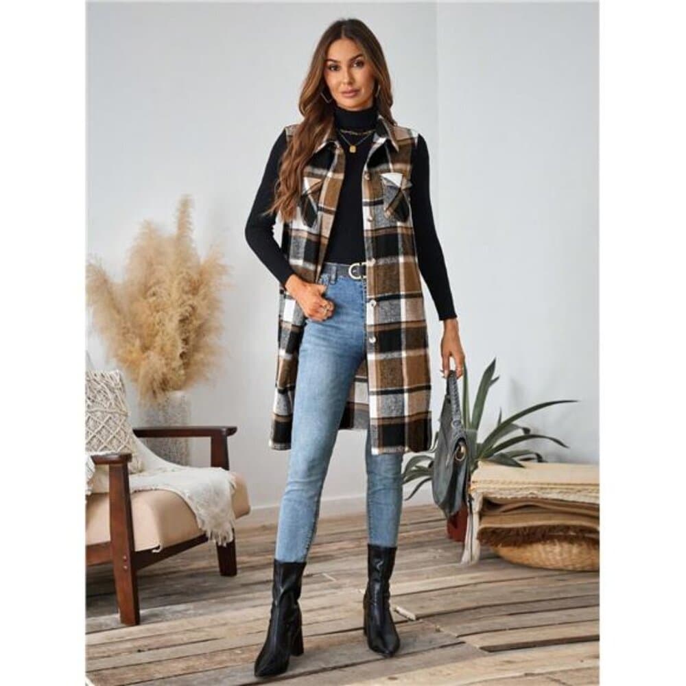 Plaid Pocket Sleeveless Casual Women Vest Jacket - Thumbnail 3