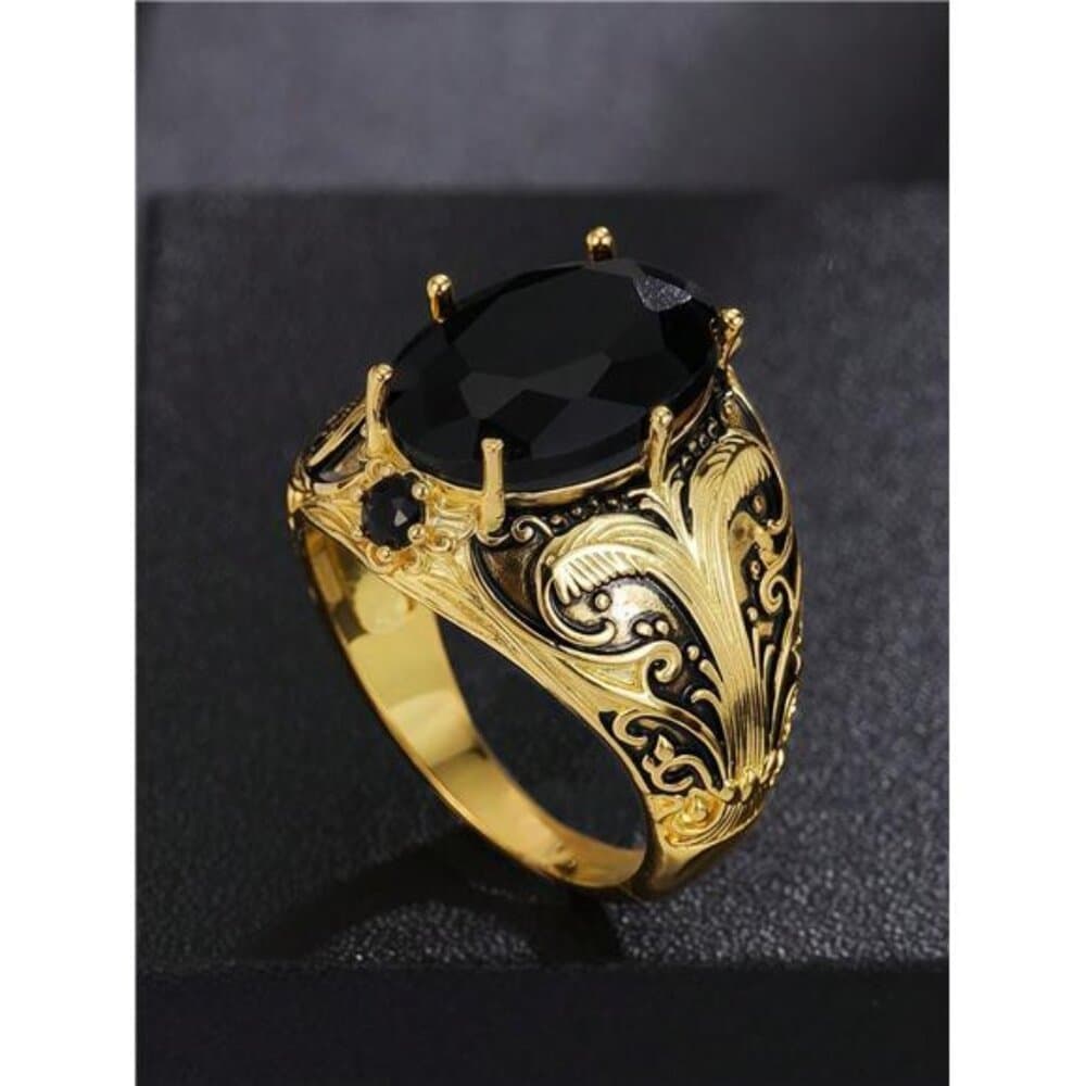 Vintage Men's Copper Ring With Black Oval Artificial Diamond Insert, - Thumbnail 3