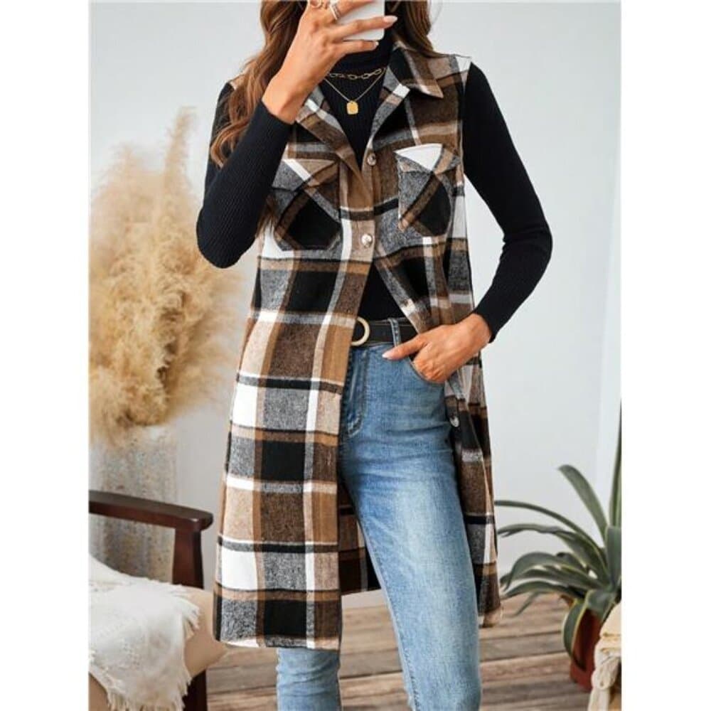 Plaid Pocket Sleeveless Casual Women Vest Jacket - Thumbnail 11