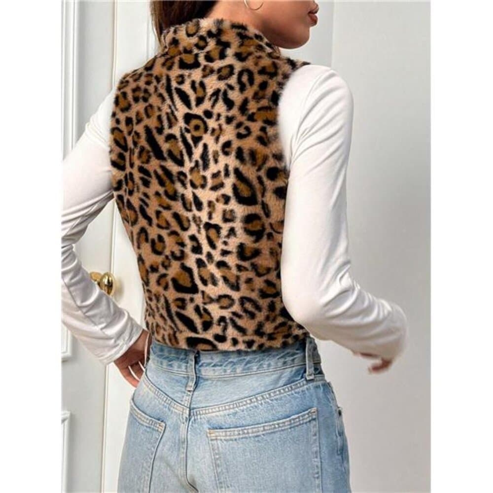 Women's Leopard Print Fleece Zip-Up Sleeveless Jacket, Autumn/Winter - Thumbnail 4